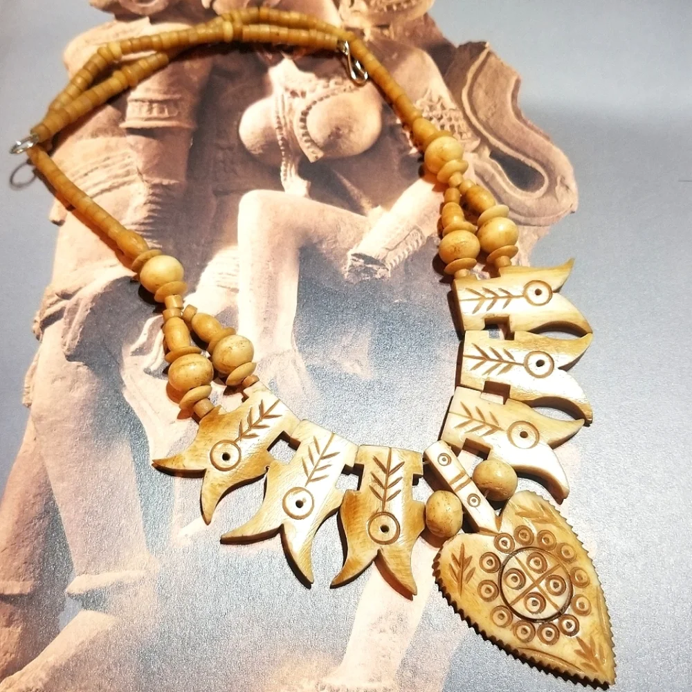 Antiq African Tribal ADINKRA Symbol Hand Carved Bone Necklace